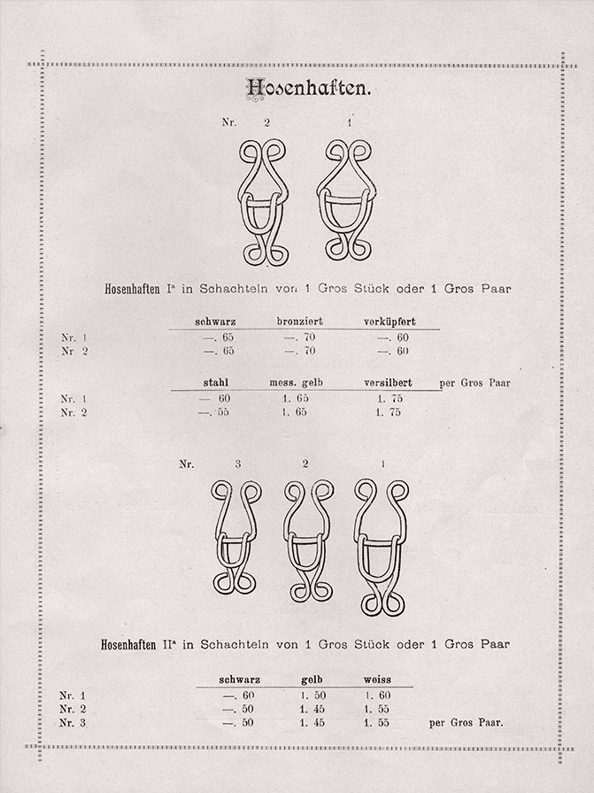 Hosenhaften in allen möglichen Ausführungen waren lange Zeit ein wichtiger Teil des Angebots an Eisenwaren: Katalog von 1894.